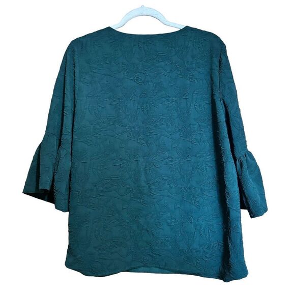 Calvin Klein Top Womens Medium Green Floral Textured Bell Sleeves Stretch Blouse - Picture 5 of 8